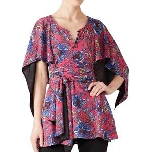 PRABAL GURUNG Collective Pink Floral Cape Waist-Tie Top - Sz 0